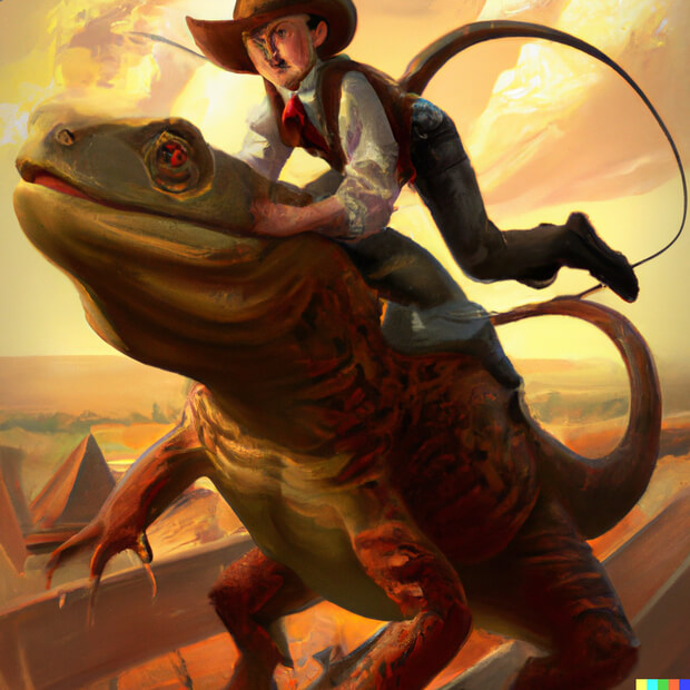 a cowboy riding a giant lizard in a rodeo, digital art - version 1